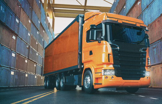 The truck is in the harbor And have containers arranged in the back. 3d render and illustration.